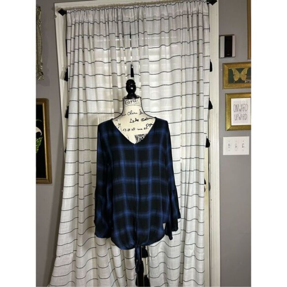 Blue and Black Plaid Bell Sleeve Top Size Large